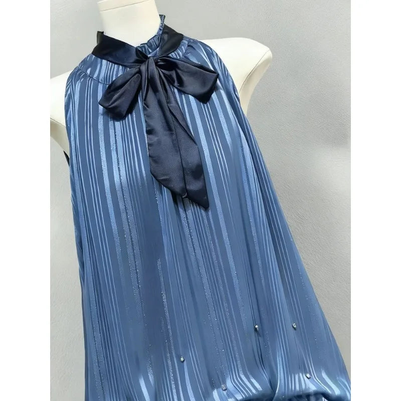 AIERTU  -  New Dark Blue Vintage Vintage Wearing A Bow and A Thin Dress Aiertu