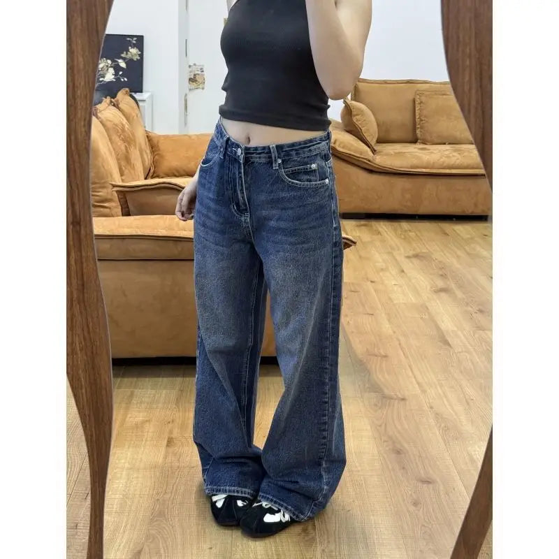 AIERTU  -  American Vintage Star Embroidery Denim Jeans Spice Girls Straight New High Waist Pants Slim Fashion Trendy Hot Sell Wid Leg Pant Aiertu