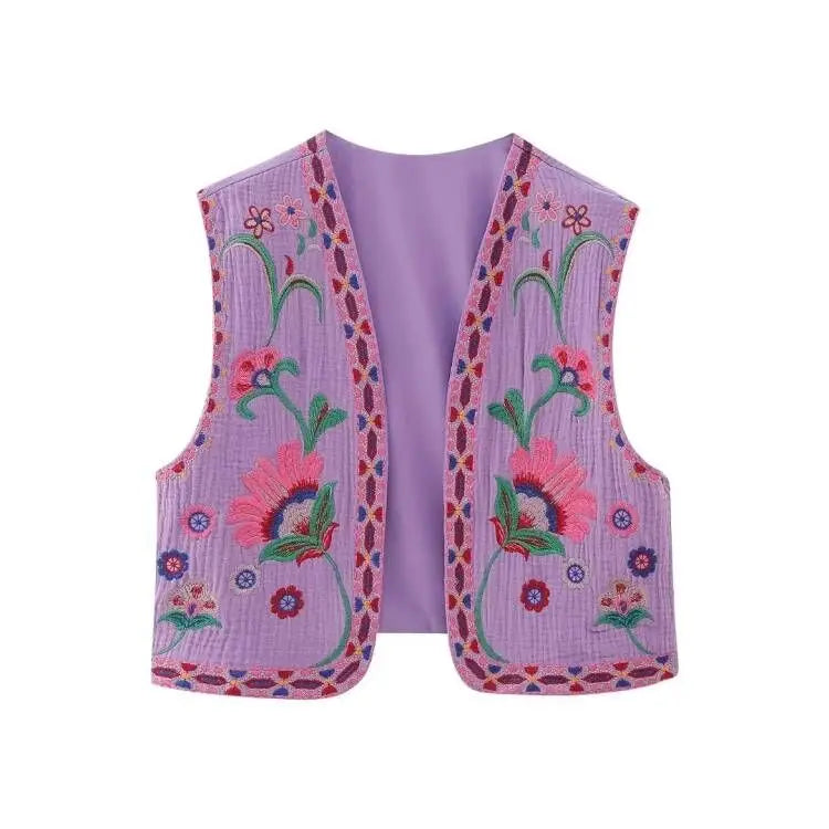 Aiertu Women Vintage Floral Embroidered Open WaistCoat Ladies National Style Vest Jacket Outfits Casual Vacation Crop Top Aiertu