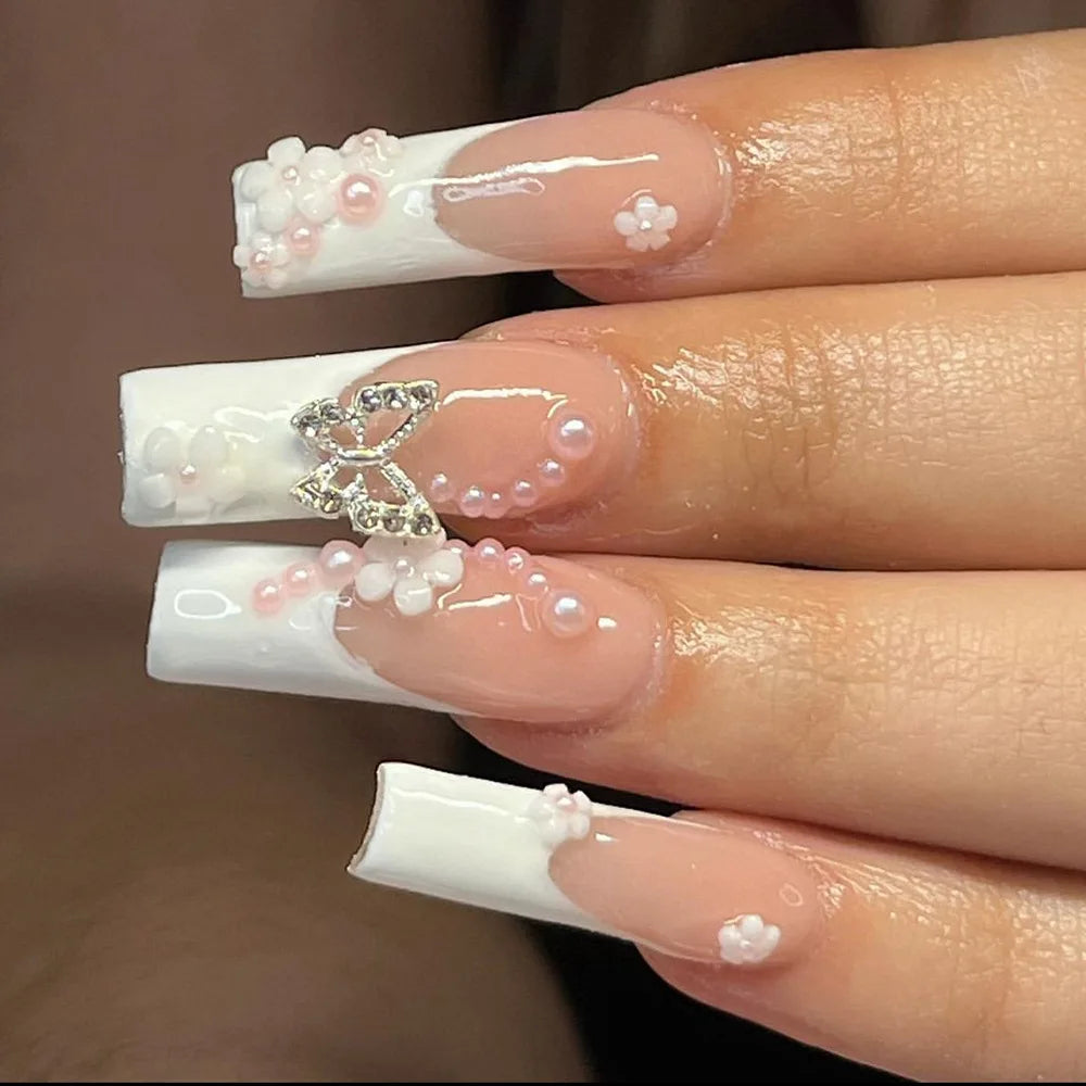 Aiertu 24Pcs Long Ballet False Nails with Bow Designs Pink Coffin Press on Nails Wearable French Fake Nail Full Cover Manicure Tips Aiertu