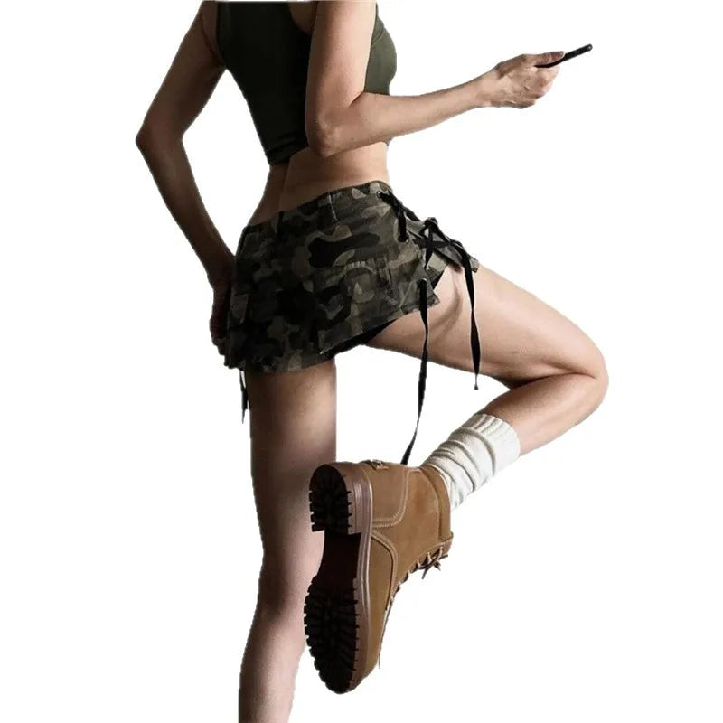 AIERTU  -  Camouflage Super Short Denim Skirt Spice Girl Low Waist Slim Skinny High Street Hip Wrap Pants Skirt Aiertu