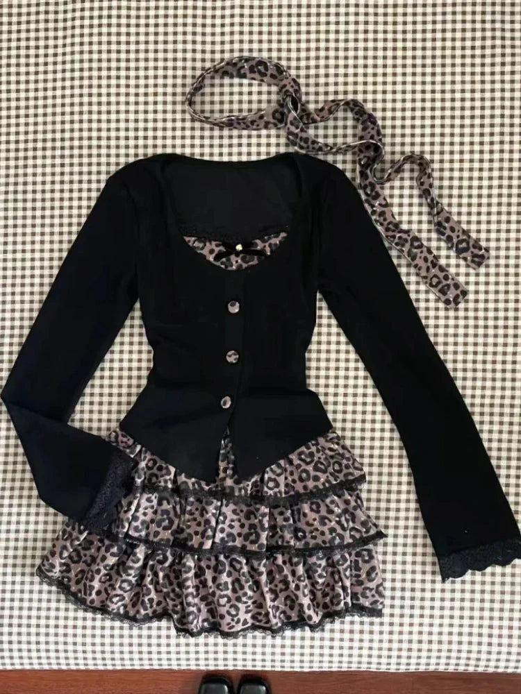 Aiertu Leopard Vintage Suits Women Design Elegant Y2k Thin Sweater Pullover + Mini Skirts Casual 2000s Clothing 2 Piece Skirt Sets Chic Aiertu