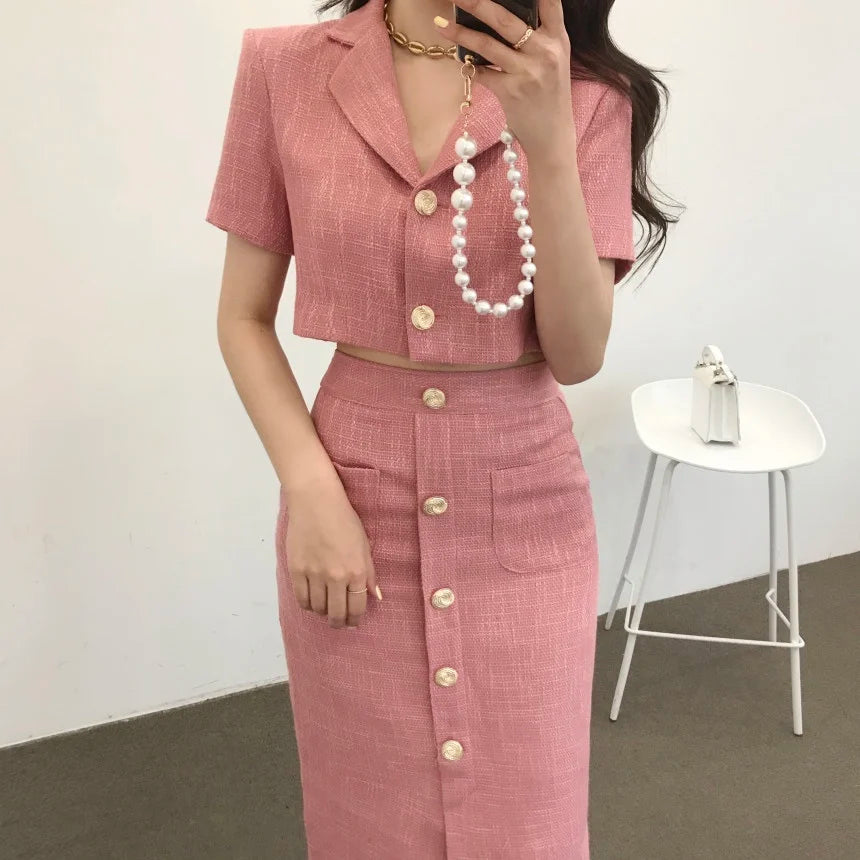 Aiertu Fashion Korea Elegant Lapel Thin Tweed Small Suit Short Jacket + High Waist Chic Button Slim Women Two Piece Skirt Sets Summer Aiertu