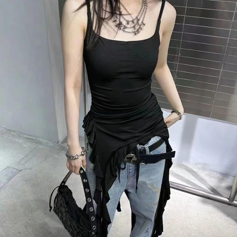 Aiertu Sexy Tank Top Asymmetrical Black Y2k Women Ruffle Grunge Backless Coquette Fashion Streetwear Tops Solid Aesthetics Aiertu