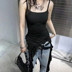 Aiertu Sexy Tank Top Asymmetrical Black Y2k Women Ruffle Grunge Backless Coquette Fashion Streetwear Tops Solid Aesthetics Aiertu