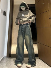 Aiertu Y2K Vintage High Waist Streetwear Style Blue Jeans Pants Korean Fashion Women's Wide Leg Striped Denim Trouser Female Clothes Aiertu