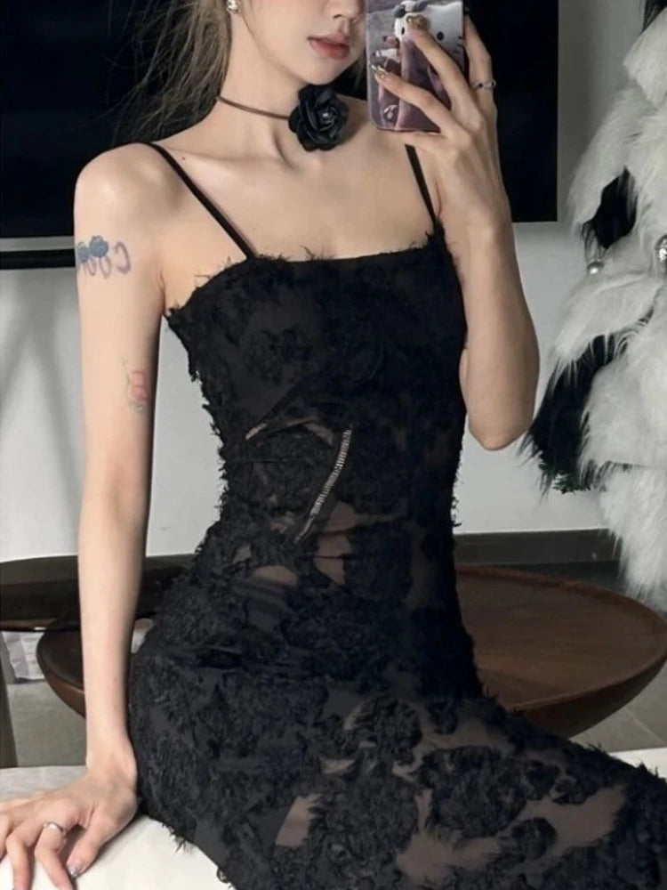 Aiertu Black Sexy Party Midi Dress Women Summer See-through Strap Y2k Dress Female Lace Chic Korean Fashion Slim Vintage Dress 2024 New Aiertu