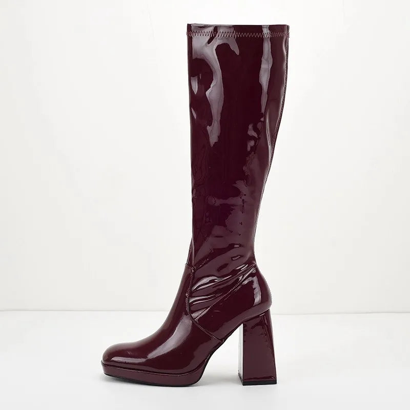 AIERTU  -  New Fashionable Height Increase, Thick Heels, High Heels, Sexy, Knee High, Square Head, Wine Red Boots for Women Aiertu