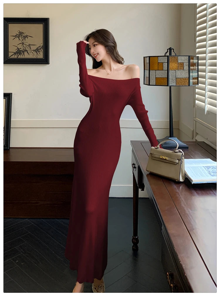 Aiertu DRESS TO IMPRESS Autumn Elegant Sexy Solid Midi Knit Dress Women Long Sleeve Slim Spring New French Vintage Wedding Party Vestidos Robe Mujers Aiertu