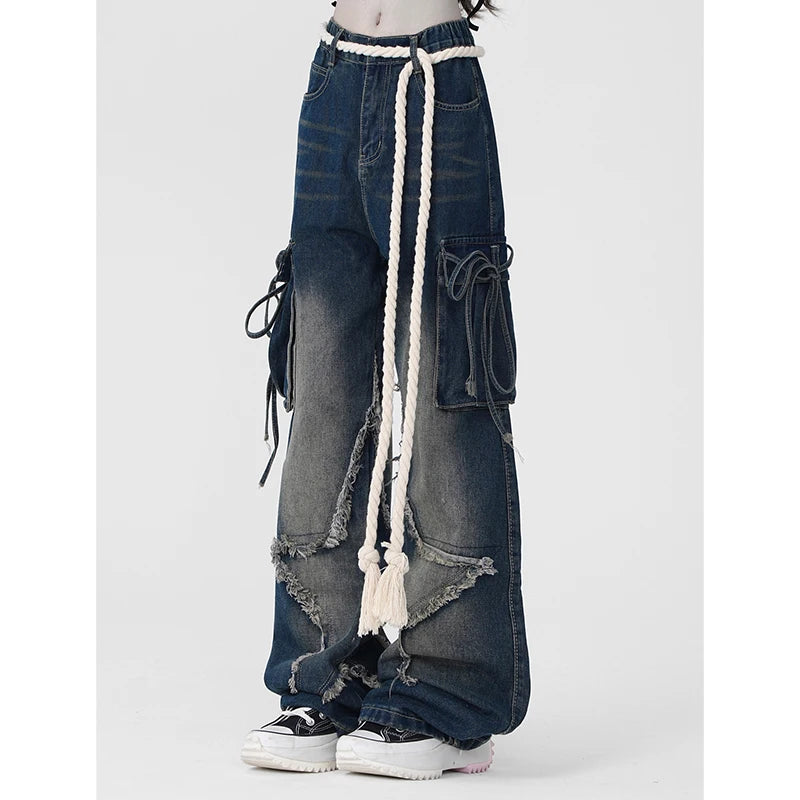 Aiertu American Retro Stars Tassels High Waist Straight Jeans Pants Women's Casual Baggy Y2K Wide Leg Grunge Streetwear Denim Trouser Aiertu