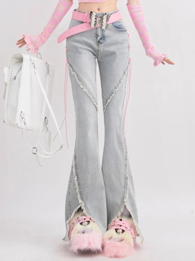Aiertu Summer Denim Vintage Sweet Pants Women Slim Lace-up Korean Casual Flare Pants Female Japanese France Elegant Open Fork Jeans New Aiertu