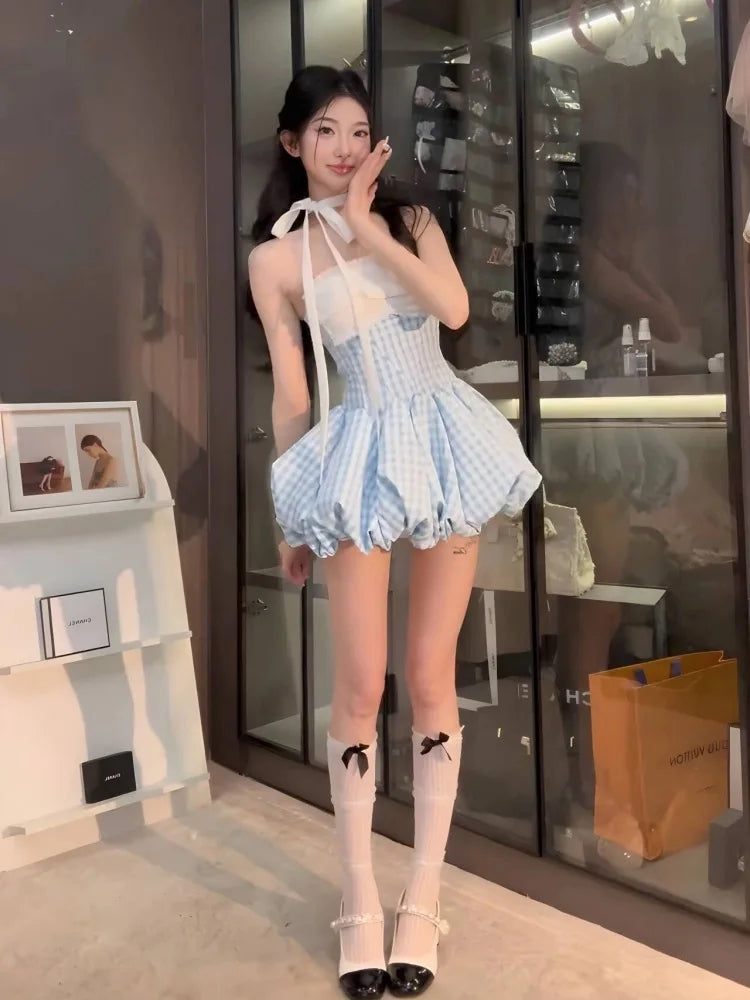 AIERTU  -  Blue Gingham Halter Mini Dress Women Y2K Ruffle Bustier Puff Balloon Hem Party Dress Aiertu