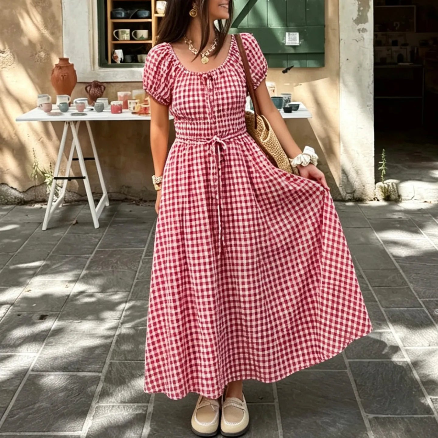 AIERTU  -  Elegant Long Bubble Sleeve Waist-Cinching Dress Women's Fashion Summer Casual Loose Fit A-Line Skirt Short Sleeve Aiertu