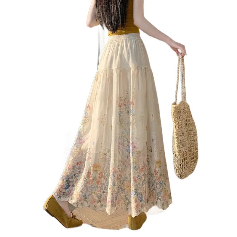 AIERTU  -  New Summer Hot Selling Pleated Skirt with Lace Embroidery and Hollowed out Skirt for Women Aiertu
