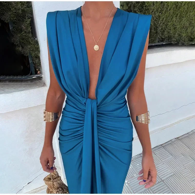 Aiertu Sexy Deep V Neck Pleated Split Dresses Women Chic Sleeveless Slim Midi Vestidos 2024 Summer Elegant Female Evening Party Robes Aiertu
