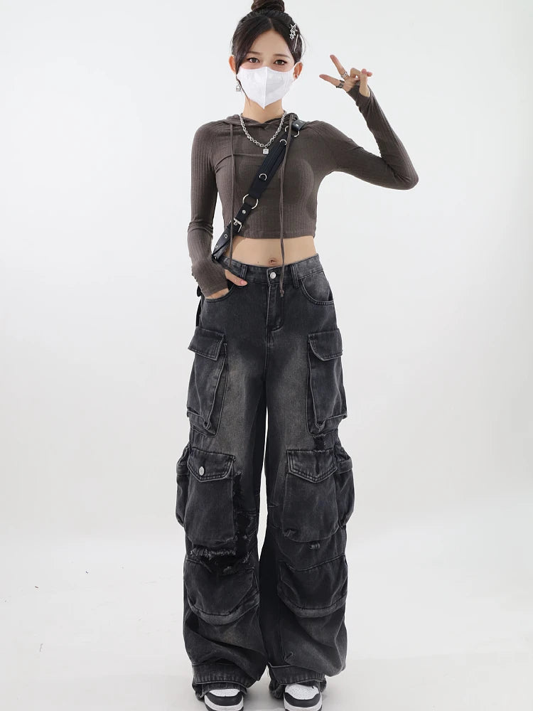 Aiertu Women's Black Gothic Baggy Cargo Jeans Vintage Emo 2000s Y2k Harajuku Denim Trouser Korean 90s High Waist Cowboy Pants Clothes Aiertu