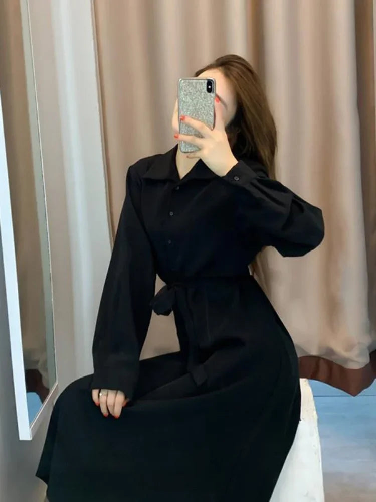 Aiertu Polo Black Shirt Dress Women Vintage Casual Long Sleeve Party Dresses Elegant Kpop Fashion Harajuku Robe Female Aiertu
