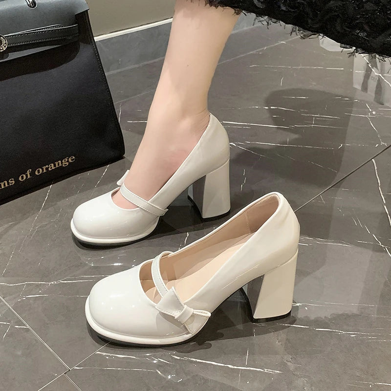 Aiertu Sweet Bowknot High Heels Mary Janes Women Cute Round Toe Patent Leather Pumps Woman Slip-On Square Heeled Bow Party Shoes Ladies Aiertu