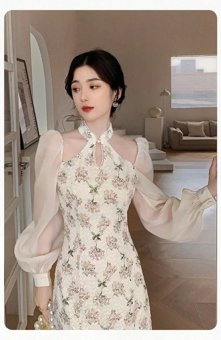 Aiertu Vintage Elegant Cheongsam Dress Women Floral Embroidery Design Party Fairy Dress Female 2022 Spring Court Retro Long Split Dress Aiertu