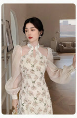 Aiertu Vintage Elegant Cheongsam Dress Women Floral Embroidery Design Party Fairy Dress Female 2022 Spring Court Retro Long Split Dress Aiertu