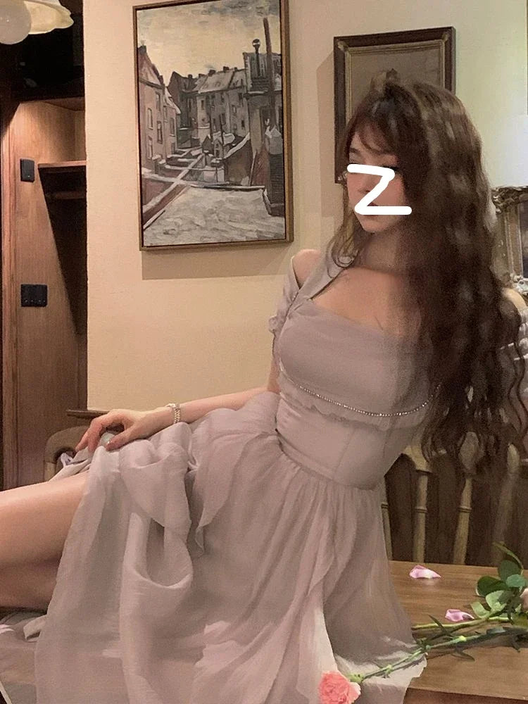 Aiertu French Elegant Fairy Midi Dress Office Lady One Piece Dress Korean Fashion 2024 Summer Pure Color Sweet Even Party Dress Woman Aiertu