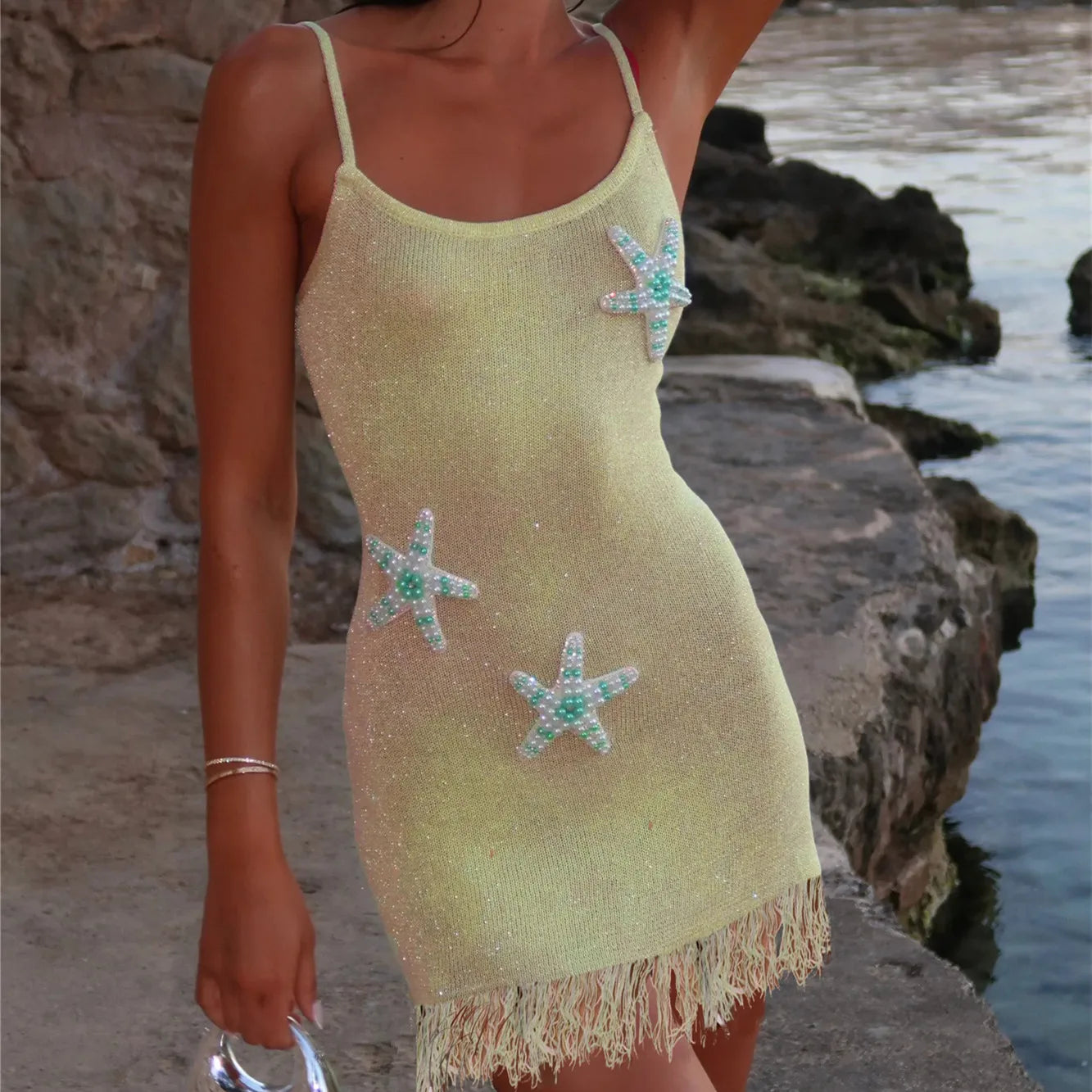 AIERTU  -  Women Y2k Beaded Starfish Knit Bodycon Mini Dress Sexy Sequin Spaghetti Strap Tassel Hem Scoop Neck Slim Beach Party Cami Dress Aiertu
