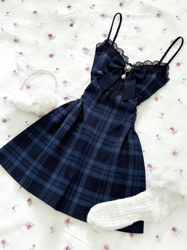 AIERTU  -  Blue plaid Bows Lace Dress Subculture Vintage Streetwear Kawaii Sexy Suspender Checkered Dresses Aesthetic Sweet Y2k Short Dress Aiertu