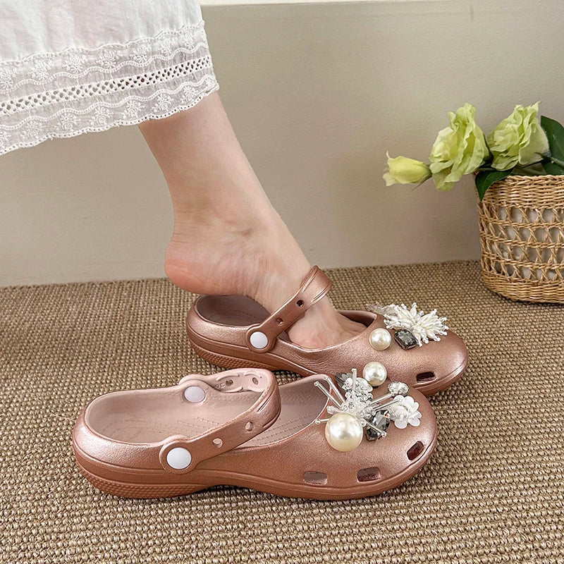 AIERTU  -  Summer Women's Slippers Luxurious Pearl Metal Flower Sparkling Designer Ballet Shoes Girls' Sandals Indoor and Outdoor Soft Aiertu
