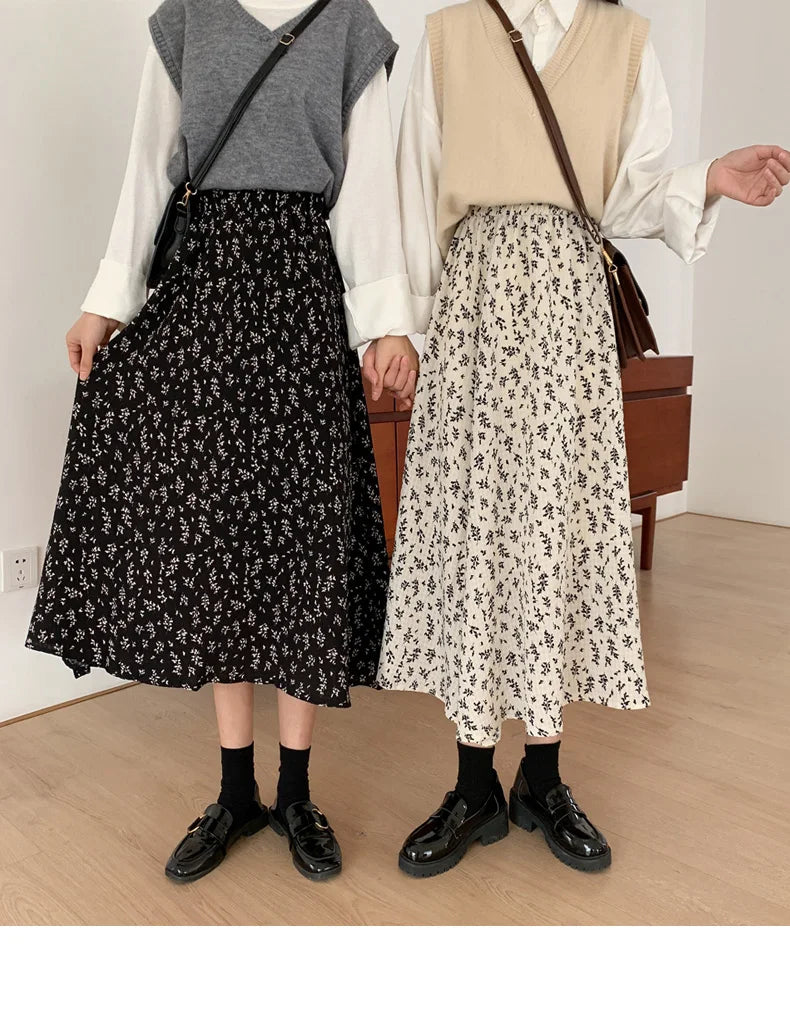 Aiertu Vintage Floral Print A-line Pleated Long Skirts Summer Women Korean Skirt Streetwear Drawstring Elastic Waist Midi Skirt Aiertu