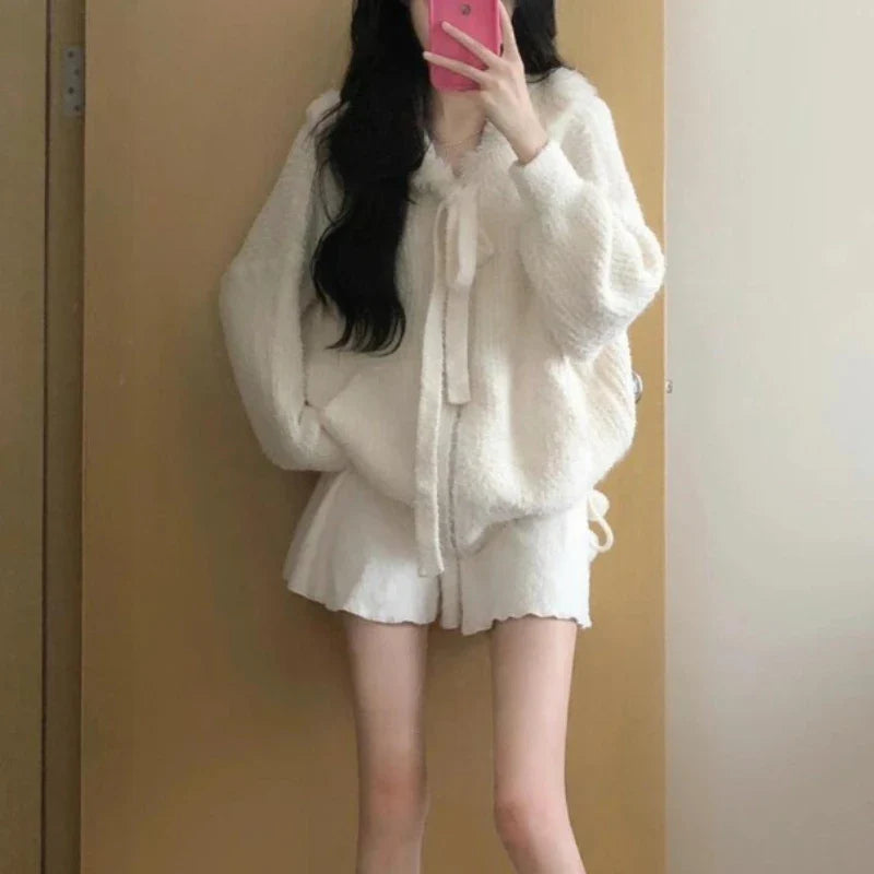 Aiertu Kawaii Sweet Knitted Cardigan Women Elegant Zip Up Hooded Cardigan Cute Japanese Style Solid Autumn Winter Sweater Coat Aiertu