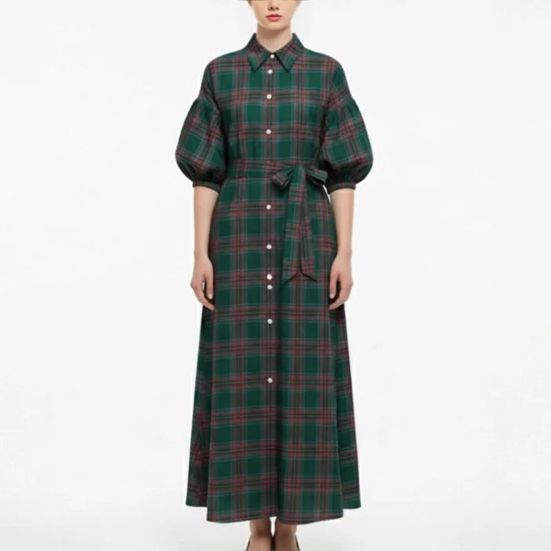 AIERTU  -   Women's New Christmas Elements Green Red Plaid Long Casual Fashion Shirt Dress Long Dress Aiertu