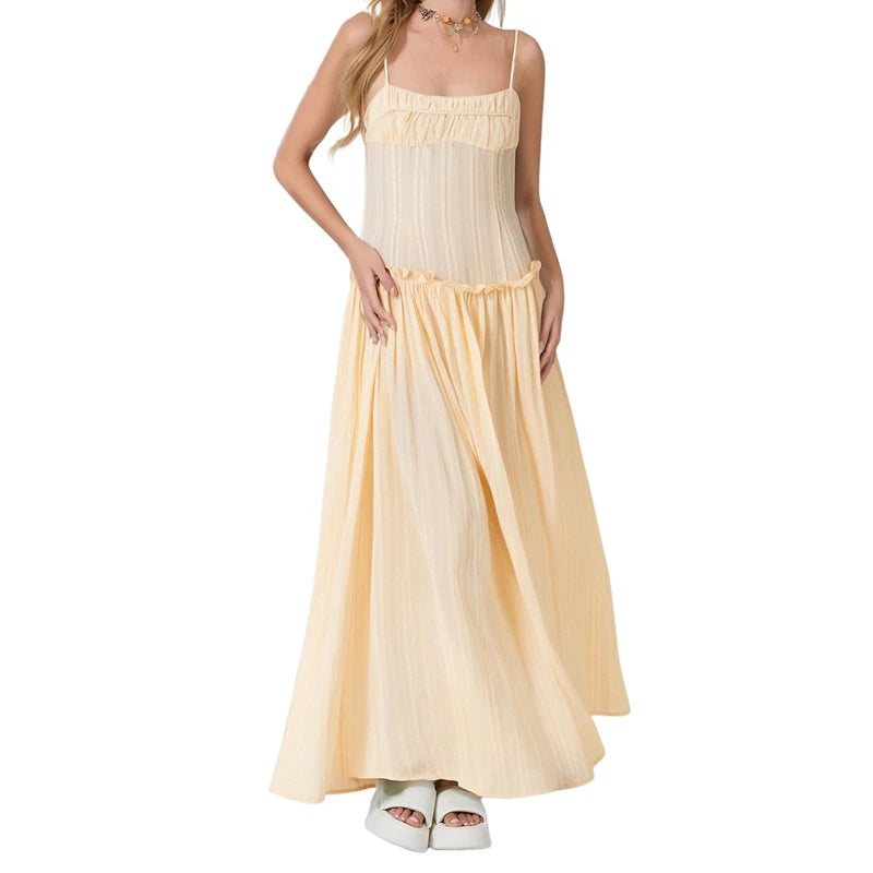 AIERTU  -  Women Y2K Maxi Dress Elegent Spaghetti Strap Square Neck Pleated Front Flowy Long Dress Summer Backless Ruched Ruffle Hem Dress Aiertu