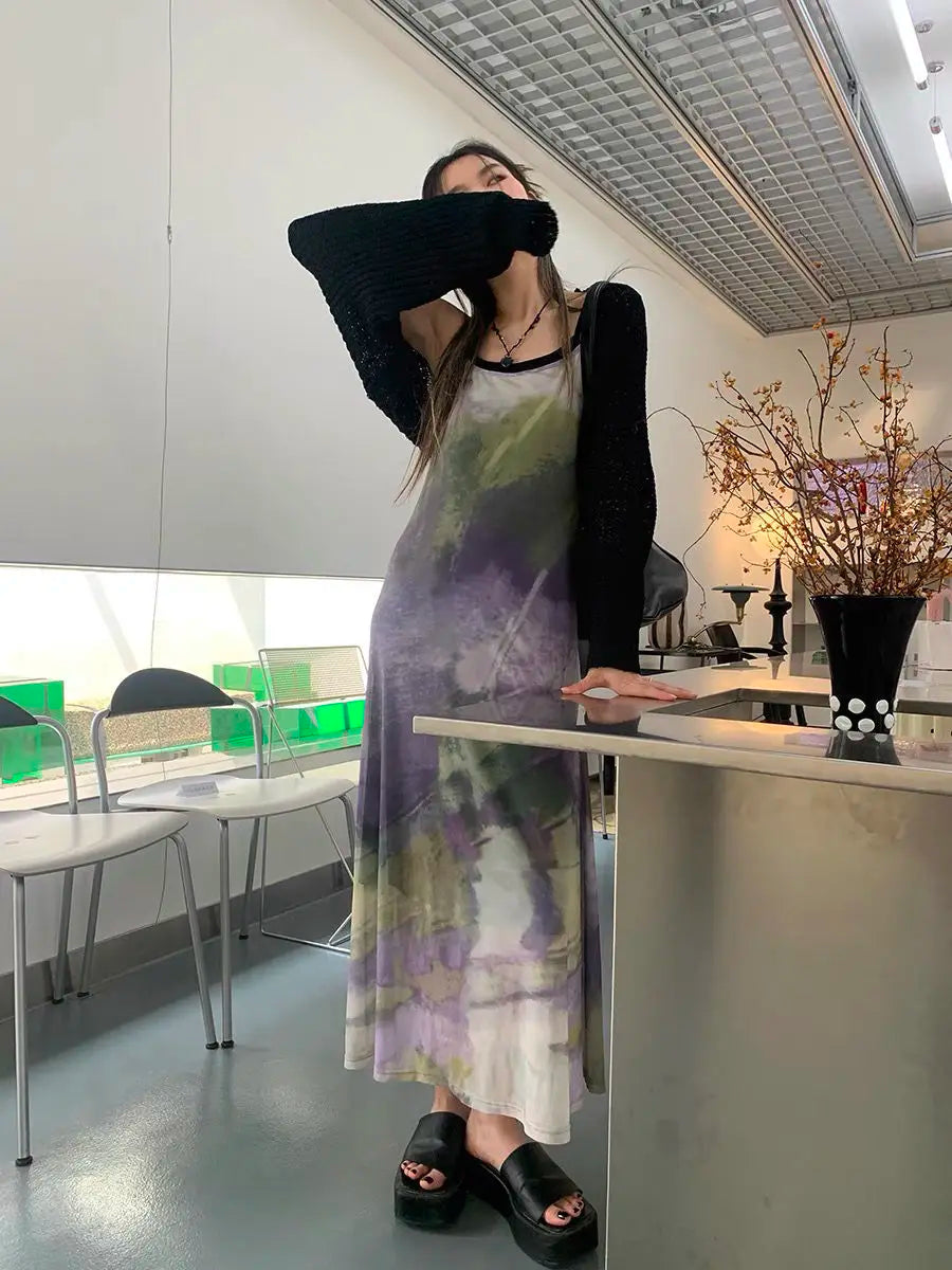 Aiertu Vintage Tie Dye Print Mesh Dress Women Sexy Y2k Spaghetti Strap Maxi Dresses Korean Fashion 2 Piece Set Robe Vestidos Aiertu