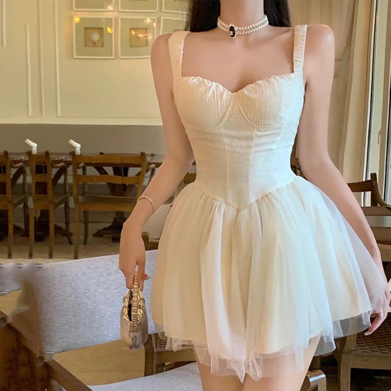 Women Retro Slit V neck Corset Strap Dress Bright Chiffon Spliced Wood ears Ruffle Hem Cake Mini Party Dresses Robe Aiertu