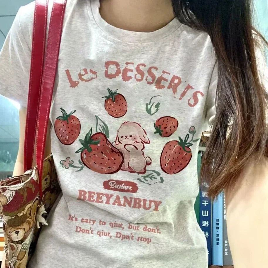 Aiertu Y2k Aesthetic Summer New Cartoon Strawberry T-shirts Harajuku Short Sleeve Loose OCasual Tops Women O Neck All Match Casual Tees Aiertu