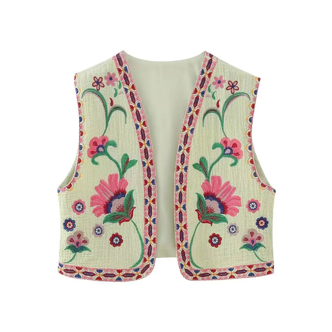 Aiertu Women Vintage Floral Embroidered Open WaistCoat Ladies National Style Vest Jacket Outfits Casual Vacation Crop Top Aiertu