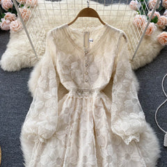 Aiertu Lace French Style Long Dress Summer Women V Neck Long Sleeves Zipper Ladies Sexy Vacation A Line Beach Dresses Aiertu