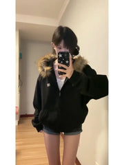 Aiertu Black Zip Up Hoodies Women Vintage Preppy Style Faux Fur Coat Korean Oversized Casual Sweatshirt Harajuku Autumn Winter Aiertu
