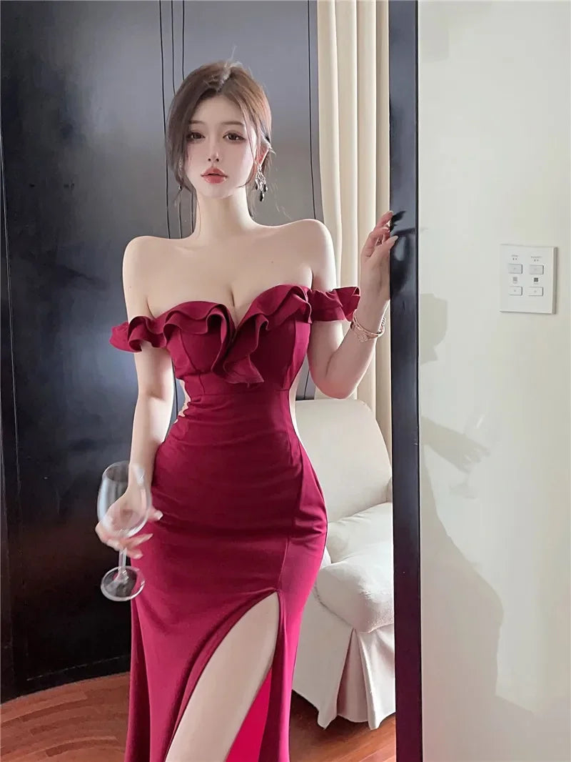 Aiertu Ruffled One Shoulder Strapless Evening Dress Women 2024 Spring Summer Elegant High Waist Slim Wrapped Slit Long Dresses Aiertu