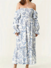AIERTU  -  Woman Vintage Floral Dress Puff Long Sleeve Off Shoulder Ruffle Long Dress Spring Fall Casual Vintage Bohemian Dresses Aiertu