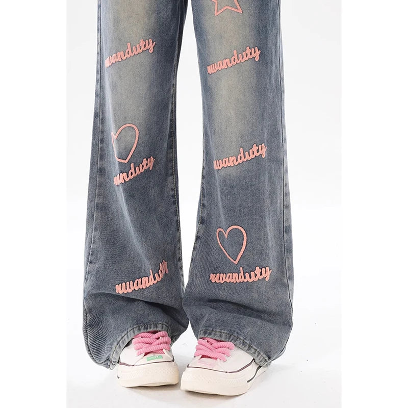 Aiertu American Blue Vintage Style High Waist Embroidery Jeans Pants Spring Women's Baggy Y2K Wide Leg Denim Trouser Female Clothes Aiertu