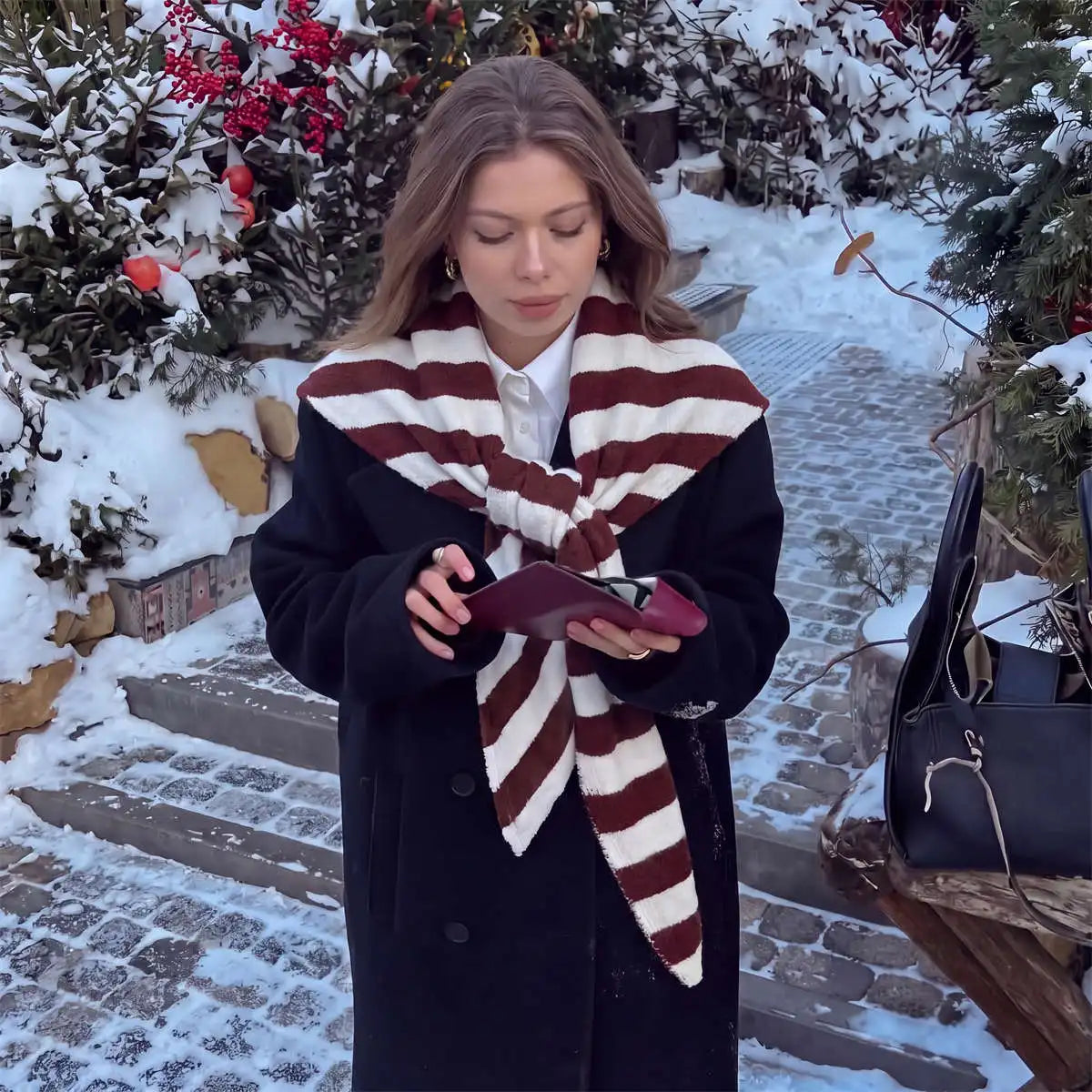 AIERTU  -  Women Striped Knit Triangle Scarf Crossover Design Contrast Color Stripe Scarves Soft Warm Wrap Shawl Winter Fashion Neck Cover Aiertu