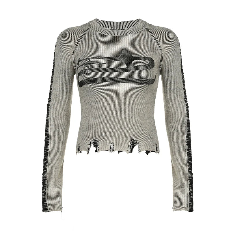 Aiertu Vintage Ripped Stitched Sweater Pullovers Harajuku Print Full Sleeve Jumpers for Women Autumn Winter Knitwears Streetwear Aiertu