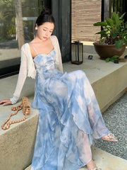 Aiertu Summer Elegant Sleeveless Backless A-line Slip Dress Retro Blue Tie Dye Slim Ruffles Irregular Party Long Dresses For Women Aiertu
