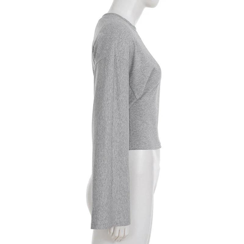 AIERTU - Casual Simple Long Sleeve Round Collar Solid Streetwear Women T-shirts Loose Early Autumn Basic Club Tops Clothing  Aiertu