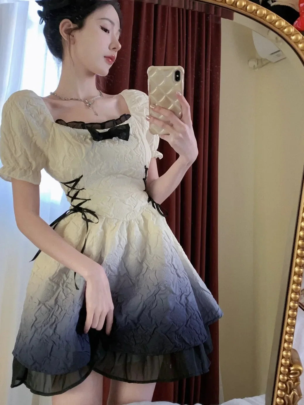 Aiertu Bubble Sleeve Kawaii Lolita Mini Dress Women Pink Bow Princess Sweet Party Cute Dress A-Line Elegant Fairy Dress 2024 Spring New Aiertu