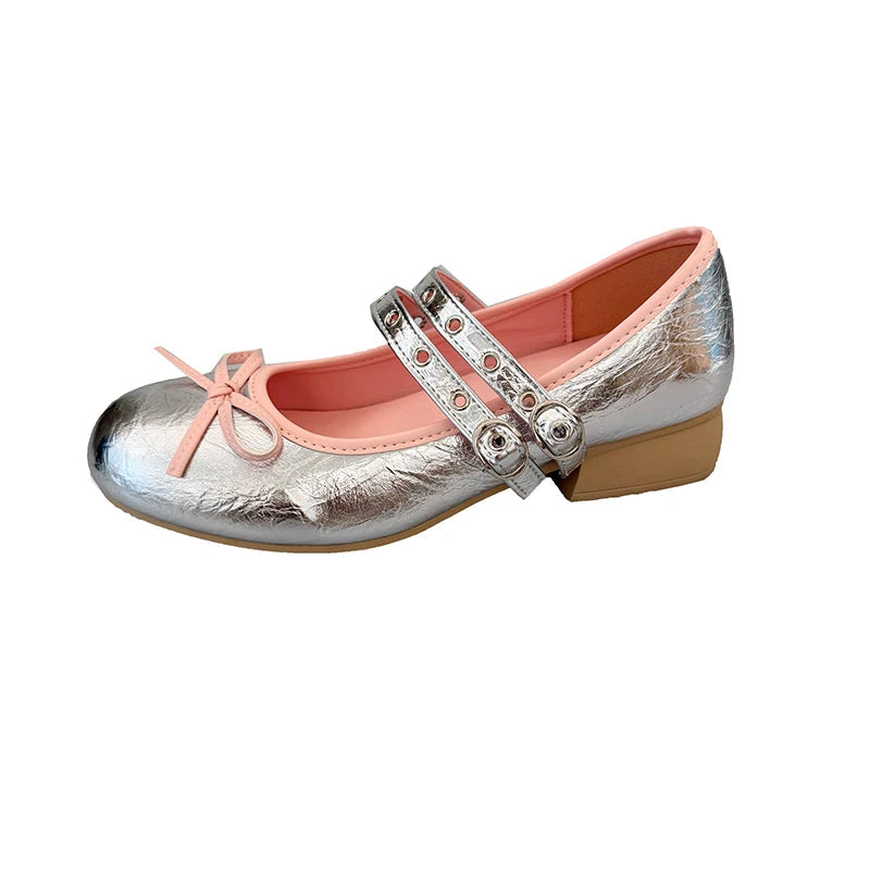 AIERTU  -  Pink Floral Pattern Low Heel Mary Jane Shoes Women Summer Comfort Silver Bowknot Ballet Flats Woman's Lolita Shoes Aiertu