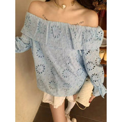 AIERTU  -  Commuter Style One-word Collar Hollow Embroidered Shirt Women's Spring New Ruffle Edge Loose Wear Top Aiertu