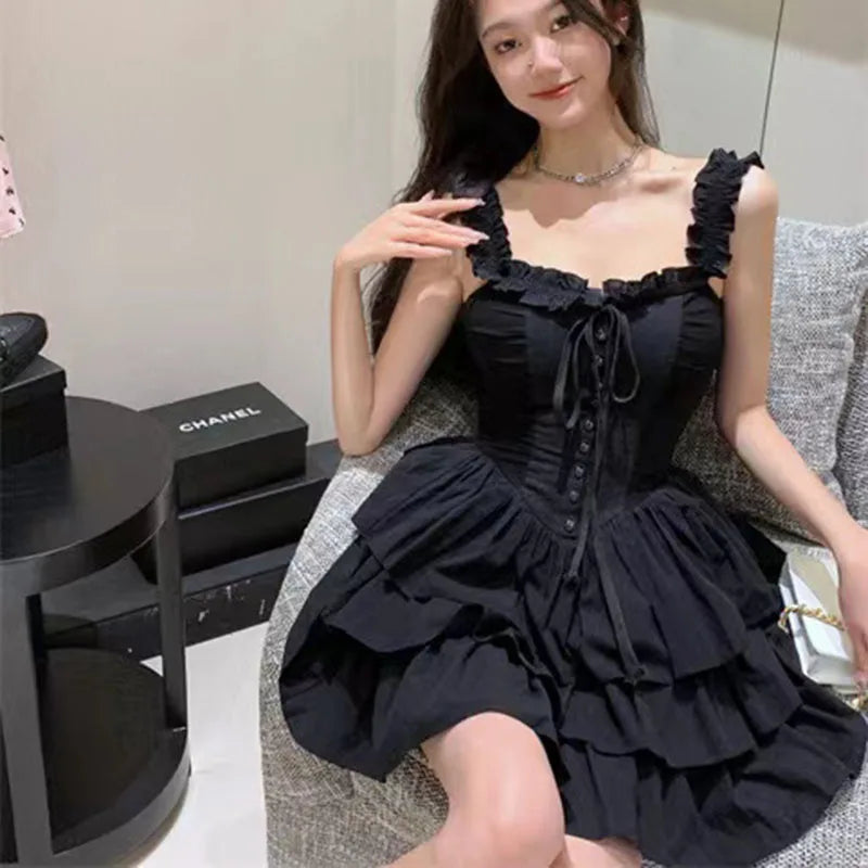 Aiertu Gothic Black Sexy Slip Dress Y2K Harajuku Streetwear Punk Lace Up Cake Dress Female Summer Korean Fashion Party Ruffles Dresses Aiertu