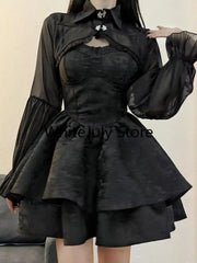 Aiertu DRESS TO IMPRESS Summer Black Gothic Lolita Short Party Suits Women Long Sleeve Coat + Pure Color Mini Dress Fashion High Waist Outfits Chic Aiertu